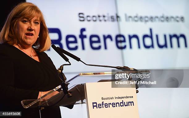 Mary Pitcaithly, Chief counting officer, declares the result of the Scottish referendum on independence at the count centre for the Scottish...