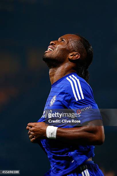 Didier Drogba of Chelsea reacts after missing a scoring chance during the UEFA Champions League Group G match between Chelsea and FC Schalke 04 on...