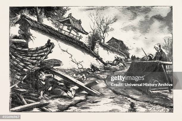 'Mother And Child, Killed By The Fall Of A Gateway Of The Outside Wall Of A Temple Near The Railway Station, Gifu'. Engraving depicting the aftermath...
