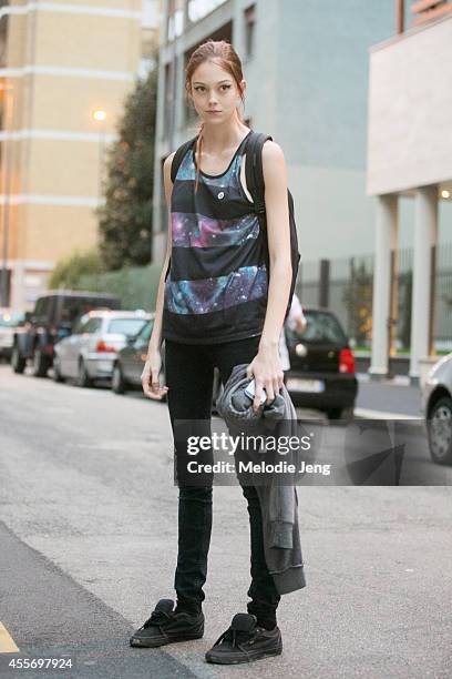 Model Natalie Westling exits Prada on Day 2 of Milan Fashion Week Spring/Summer 2015 on September 18, 2014 in Milan, Italy.
