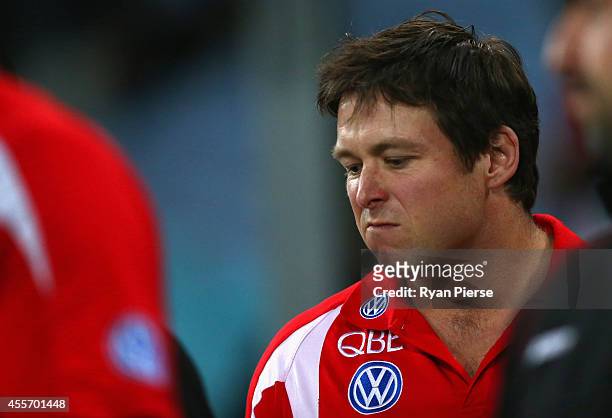 Stuart Dew, assistant coach of the Swans, looks on during the 1st Preliminary Final AFL match between the Sydney Swans and the North Melbourne...