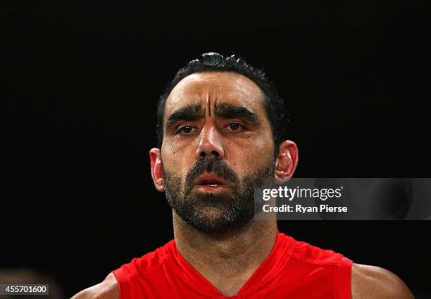 Adam Goodes of the Swans looks on during the 1st Preliminary Final AFL match between the Sydney Swans and the North Melbourne Kangaroos at ANZ...