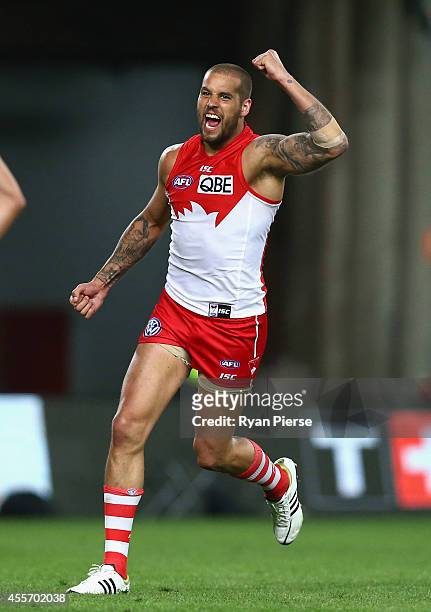 Lance Franklin of the Swans celebrates a goal during the 1st Preliminary Final AFL match between the Sydney Swans and the North Melbourne Kangaroos...