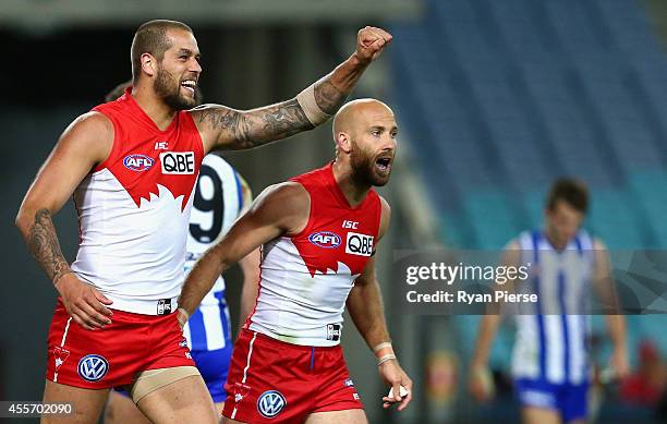 Lance Franklin of the Swans celebrates a goal during the 1st Preliminary Final AFL match between the Sydney Swans and the North Melbourne Kangaroos...