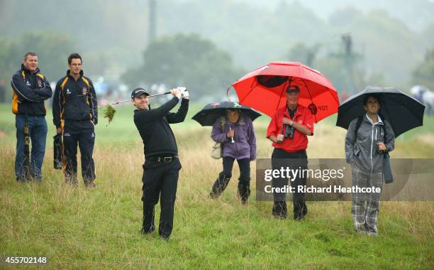 Stephen Gallacher of Scotland plays from the rough on the 2nd during the second round of the ISPS Handa Wales Open at Celtic Manor Resort on...