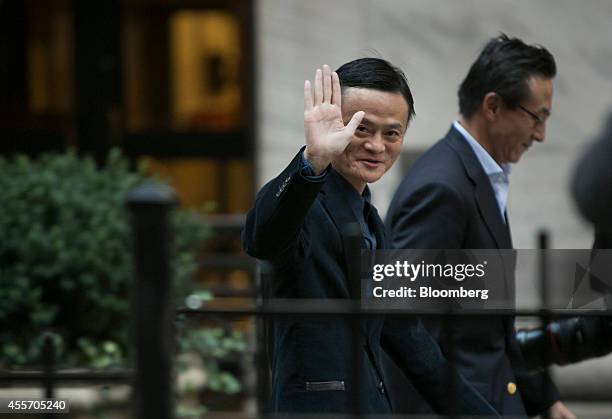 Billionaire Jack Ma, chairman of Alibaba Group Holding Ltd., waves while arriving at the New York Stock Exchange in New York, U.S., on Friday, Sept....