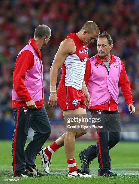 Sam Reid of the Swans leaves the ground with a leg injury during the 1st Preliminary Final AFL match between the Sydney Swans and the North Melbourne...