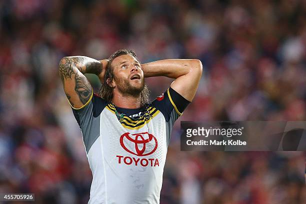 Ashton Sims of the Cowboys looks dejected after defeat during the 1st NRL Semi Final match between the Sydney Roosters and the North Queensland...