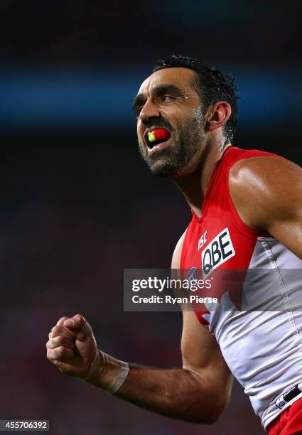 Adam Goodes of the Swans celebrates a goal during the 1st Preliminary Final AFL match between the Sydney Swans and the North Melbourne Kangaroos at...