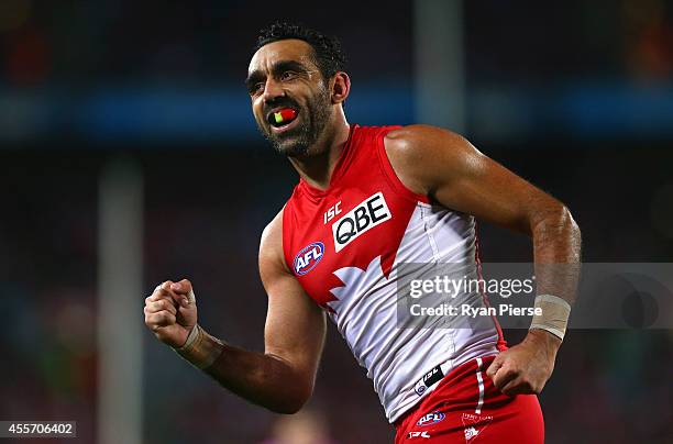 Adam Goodes of the Swans celebrates a goal during the 1st Preliminary Final AFL match between the Sydney Swans and the North Melbourne Kangaroos at...