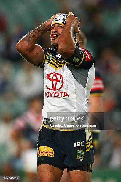 Cowboys captain Johnathan Thurston shows his emotion during the 1st NRL Semi Final match between the Sydney Roosters and the North Queensland Cowboys...
