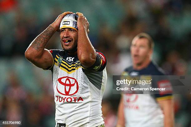 Cowboys captain Johnathan Thurston shows his emotion during the 1st NRL Semi Final match between the Sydney Roosters and the North Queensland Cowboys...