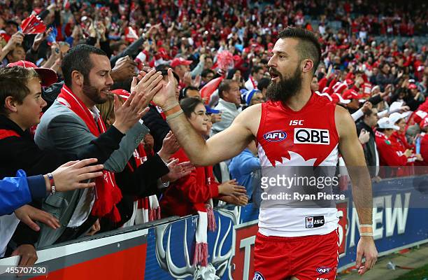 Nick Malceski of the Swans celebrates after the 1st Preliminary Final AFL match between the Sydney Swans and the North Melbourne Kangaroos at ANZ...