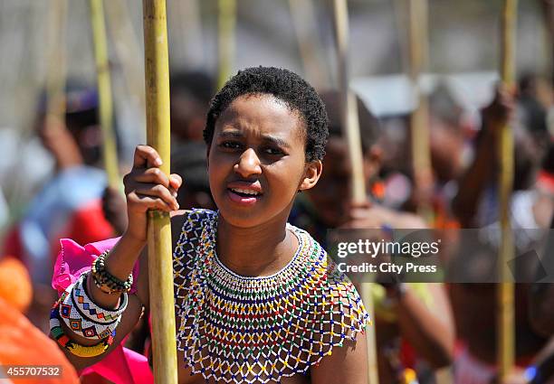 Young girls at the annual reed dance at eNyokeni Royal Palace on September 6, 2014 in Nongoma, South Africa. The Reed dance is a colourful and...