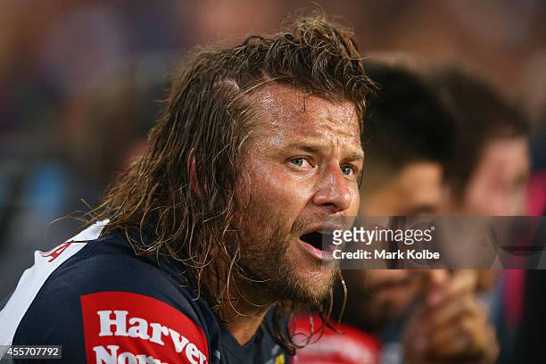 Ashton Sims of the Cowboys watches on from the bench during the 1st NRL Semi Final match between the Sydney Roosters and the North Queensland Cowboys...