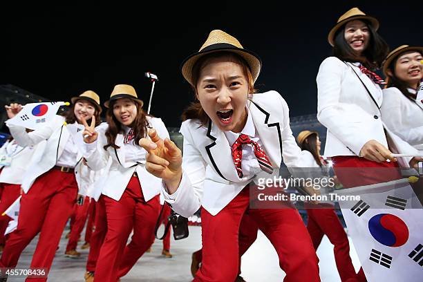 Athletes from South Korea arrive during the Opening Ceremony ahead of the 2014 Asian Games at Incheon Asiad Main Stadium on September 19, 2014 in...