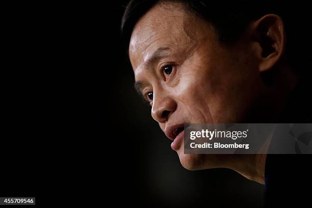 Billionaire Jack Ma, chairman of Alibaba Group Holding Ltd., speaks during an interview on the floor of the New York Stock Exchange in New York,...