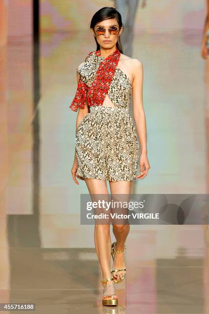 Model walks the runway during the Just Cavalli Ready to Wear show as part of Milan Fashion Week Womenswear Spring/Summer 2015 on September 18, 2014...