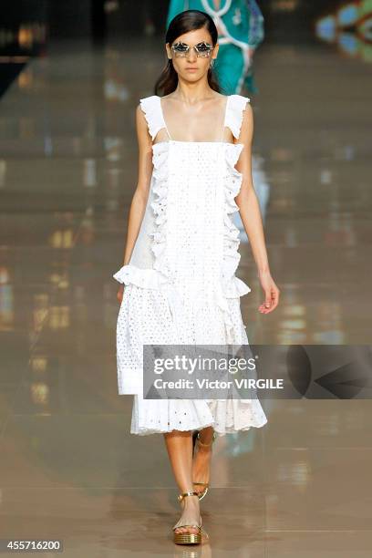 Model walks the runway during the Just Cavalli Ready to Wear show as part of Milan Fashion Week Womenswear Spring/Summer 2015 on September 18, 2014...