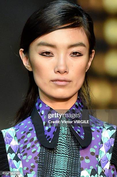 Model walks the runway during the Just Cavalli Ready to Wear show as part of Milan Fashion Week Womenswear Spring/Summer 2015 on September 18, 2014...