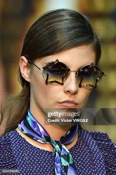 Model walks the runway during the Just Cavalli Ready to Wear show as part of Milan Fashion Week Womenswear Spring/Summer 2015 on September 18, 2014...