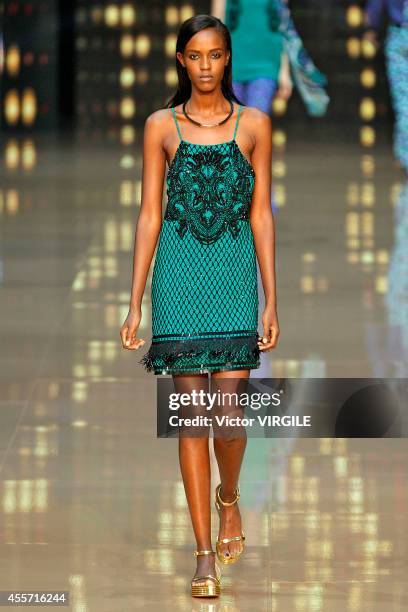 Model walks the runway during the Just Cavalli Ready to Wear show as part of Milan Fashion Week Womenswear Spring/Summer 2015 on September 18, 2014...