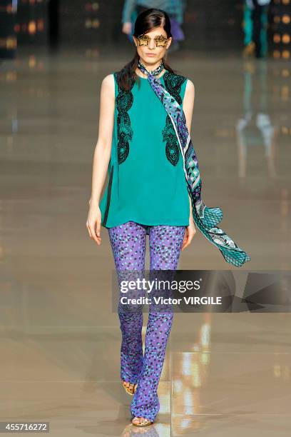 Model walks the runway during the Just Cavalli Ready to Wear show as part of Milan Fashion Week Womenswear Spring/Summer 2015 on September 18, 2014...
