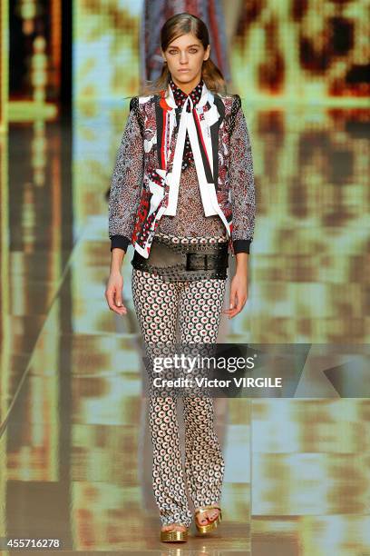 Model walks the runway during the Just Cavalli Ready to Wear show as part of Milan Fashion Week Womenswear Spring/Summer 2015 on September 18, 2014...