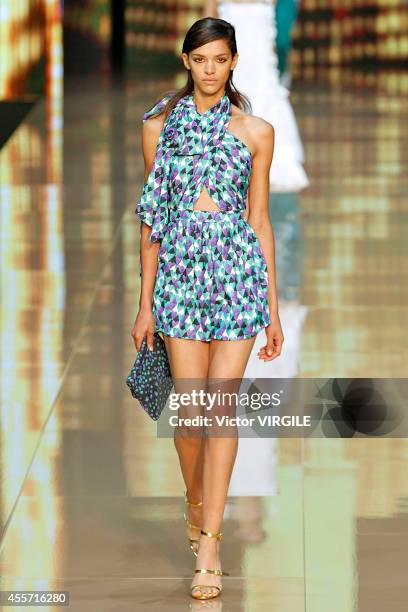 Model walks the runway during the Just Cavalli Ready to Wear show as part of Milan Fashion Week Womenswear Spring/Summer 2015 on September 18, 2014...