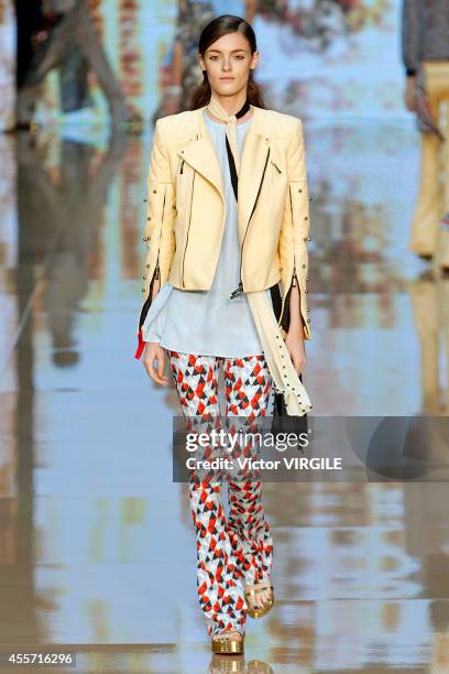 Model walks the runway during the Just Cavalli Ready to Wear show as part of Milan Fashion Week Womenswear Spring/Summer 2015 on September 18, 2014...