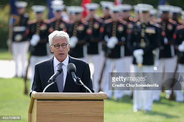 Secretary of Defense Chuck Hagel delivers remarks during the Defense Department's National POW/MIA Recognition Day Ceremony on the Pentagon River...