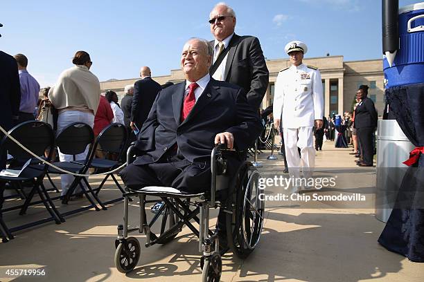 Former U.S. Senator Max Cleland arrives for the Defense Department's National POW/MIA Recognition Day Ceremony on the Pentagon River Terrace Parade...