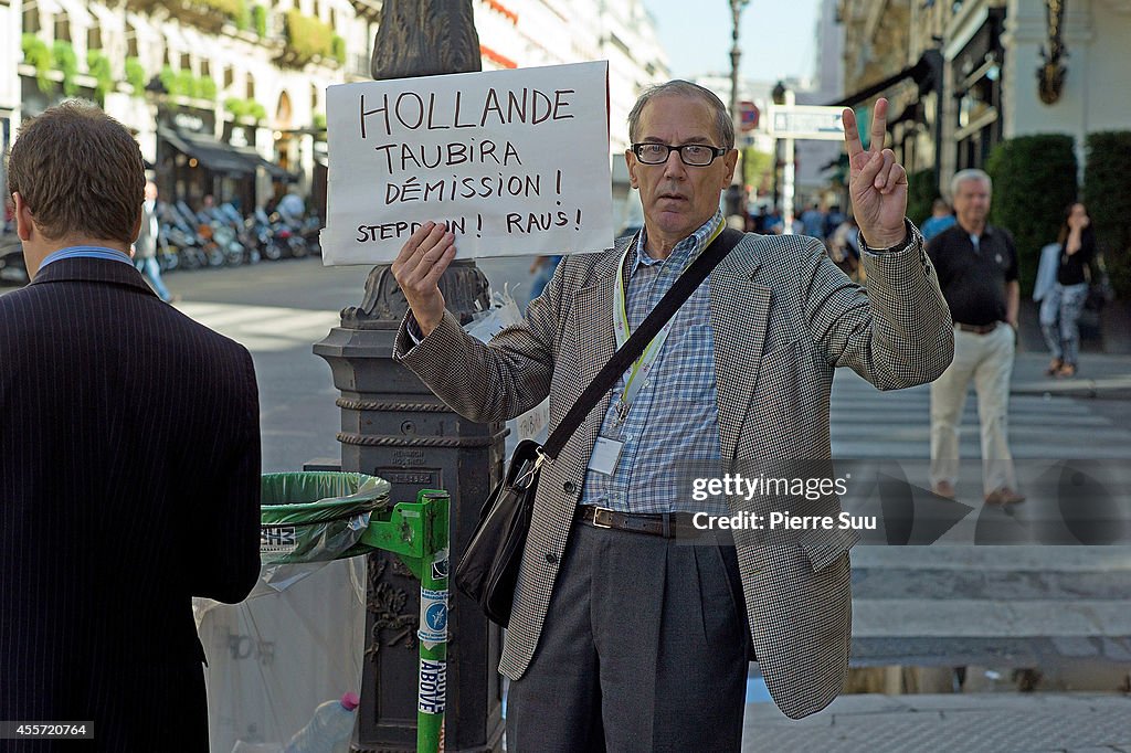 An Unidentified Man Demonstrates Against French President Francois Holland In Paris