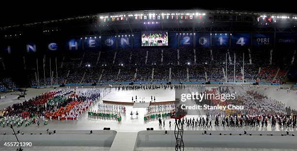 General view of the Athletes during the Opening Ceremony ahead of the 2014 Asian Games at Incheon Asiad Main Stadium on September 19, 2014 in...