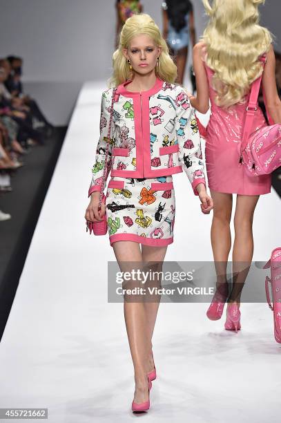 Model walks the runway during the Moschino Ready to Wear show as part of Milan Fashion Week Womenswear Spring/Summer 2015 on September 18, 2014 in...