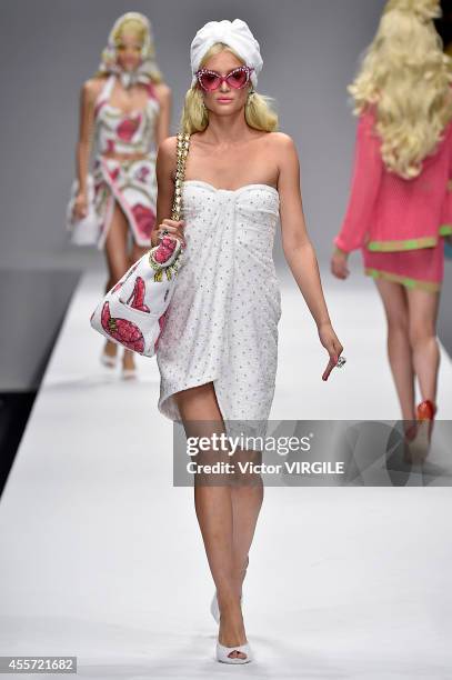 Model walks the runway during the Moschino Ready to Wear show as part of Milan Fashion Week Womenswear Spring/Summer 2015 on September 18, 2014 in...