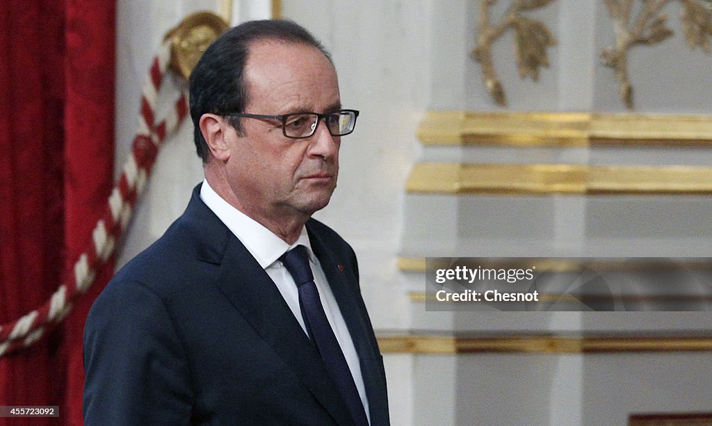 French President Francois Hollande Receives Mahmoud Abbas At Elysee Palace In Paris