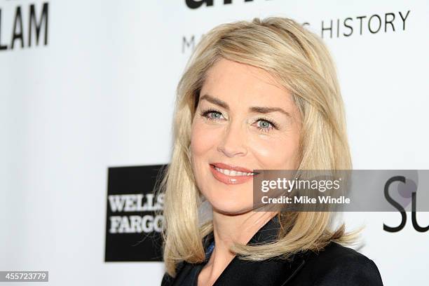 Actress Sharon Stone attends the 2013 amfAR Inspiration Gala Los Angeles presented by MAC Viva Glam at Milk Studios on December 12, 2013 in Los...