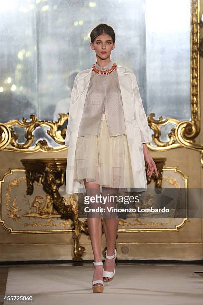 Model walks the runway during the Les Copains show as a part of Milan Fashion Week Womenswear Spring/Summer 2015 on September 19, 2014 in Milan,...
