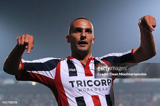 Ben Sahar of Willem II celebrates scoring the first goal of the game during the Dutch Eredivisie match between Willem II Tilburg and NAC Breda at...