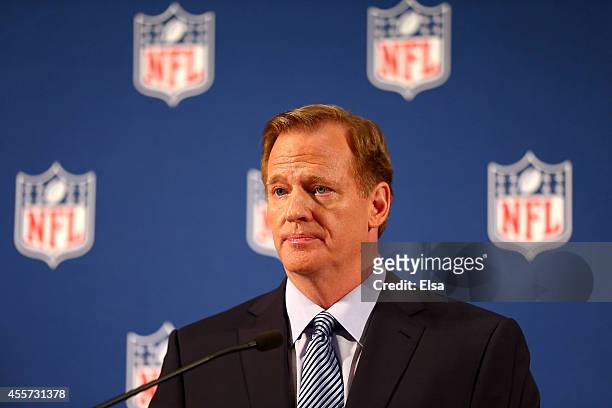 Commissioner Roger Goodell talks during a press conference at the Hilton Hotel on September 19, 2014 in New York City. Goodell spoke about the NFL's...