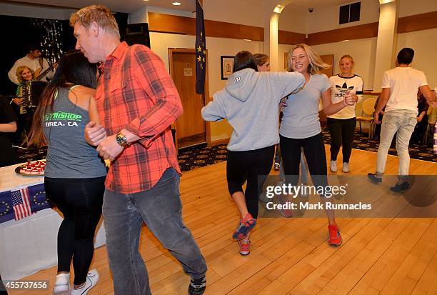 Team Europe and Team USA join together for traditional Ceilidh dancing at the Angus Hotel during the 2014 Junior Ryder Cup - Previews on September...