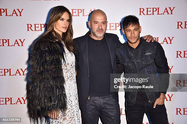 Alessandra Ambrosio, Matteo Sinigaglia and Neymar attend Replay Store Preview during Milan Fashion Week Womenswear Spring/Summer 2015 on September...