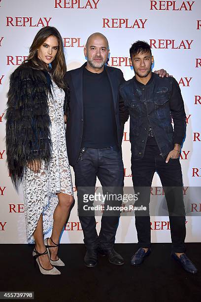 Alessandra Ambrosio, Matteo Sinigaglia and Neymar attend Replay Store Preview during Milan Fashion Week Womenswear Spring/Summer 2015 on September...