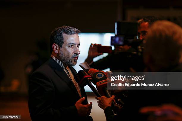 Deputy foreign minister of Iran Seyed Abbas Araghchi speaks with the media after the United Nations Security Council meeting on the situation...