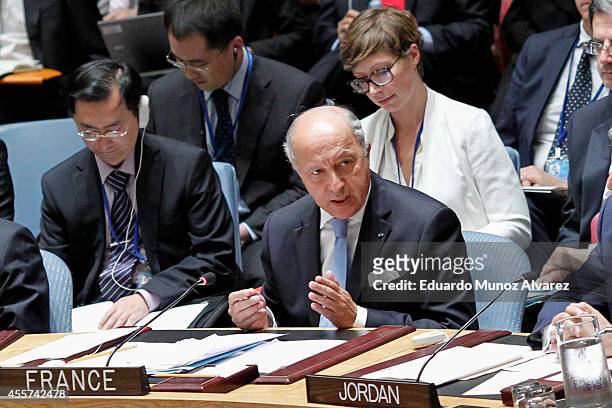 France's Foreign Minister Laurent Fabius addresses to the United Nations Security Council during a meeting on the situation concerning Iraq on...