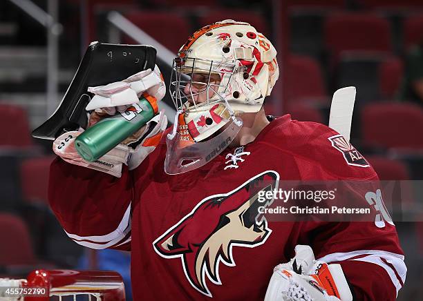 Goaltender Marek Langhamer of the Arizona Coyotes during the NHL rookie camp game against the Los Angeles Kings at Gila River Arena on September 16,...