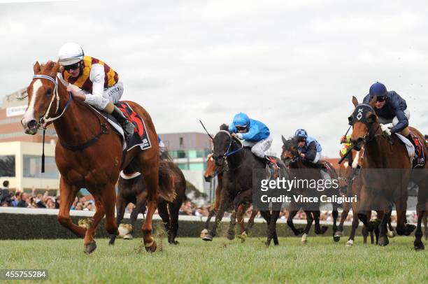 Luke Nolen riding Thinking of You wins Race 4, during the Underwood Stakes Day at Caulfield Racecourse on September 20, 2014 in Melbourne, Australia.