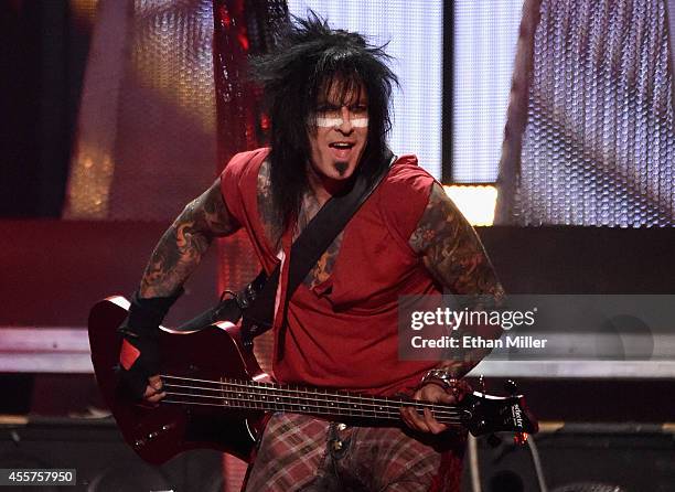 Bassist Nikki Sixx of Motley Crue performs onstage during the 2014 iHeartRadio Music Festival at the MGM Grand Garden Arena on September 19, 2014 in...