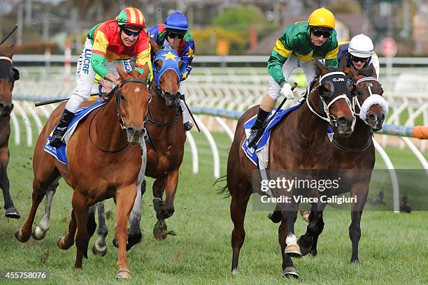 Glen Boss riding Foreteller defeats Michael Rodd riding Happy Trails in Race 7, the Hyland Race Colours Underwood Stakes during the Underwood Stakes...